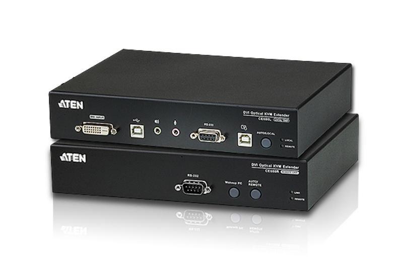 ATEN CE680-AT-U-V USB DVI Optical KVM Extender with fiber optic cables and ports for video and control signal extension.