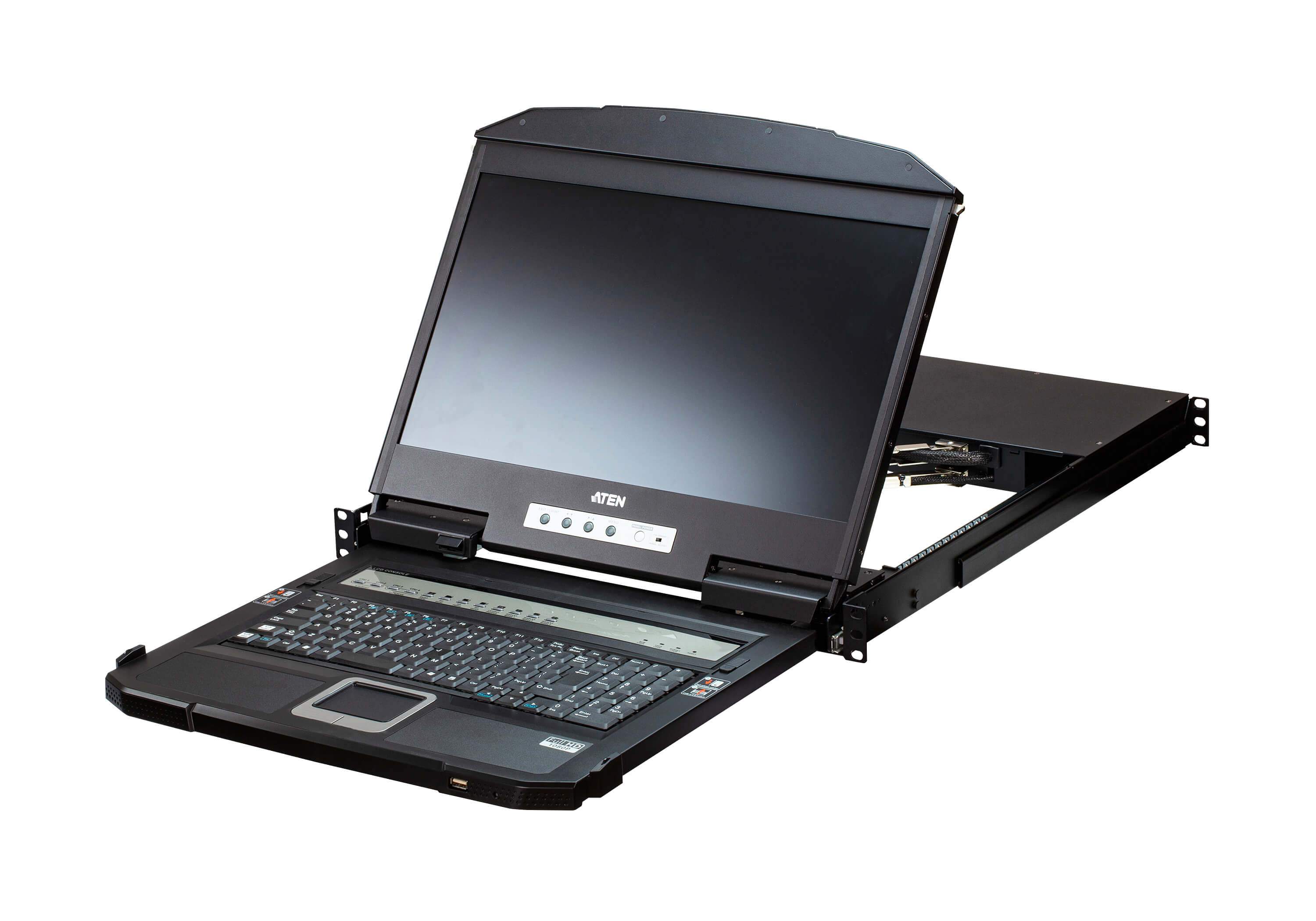 ATEN CL3884NW-ATA-AU-V 14-Port USB HDMI Multi-View KVM Switch with integrated 18.5-inch LCD monitor and dual rail design.