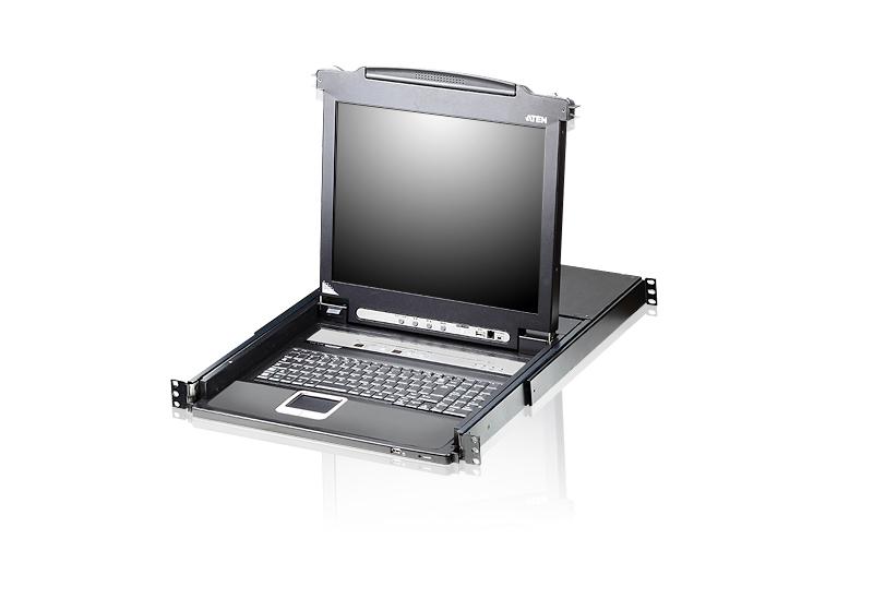 ATEN CL5708M-ATA-AU-V 8 Port Rackmount KVM switch with integrated 17-inch LCD monitor and keyboard in a sleek 1U design.