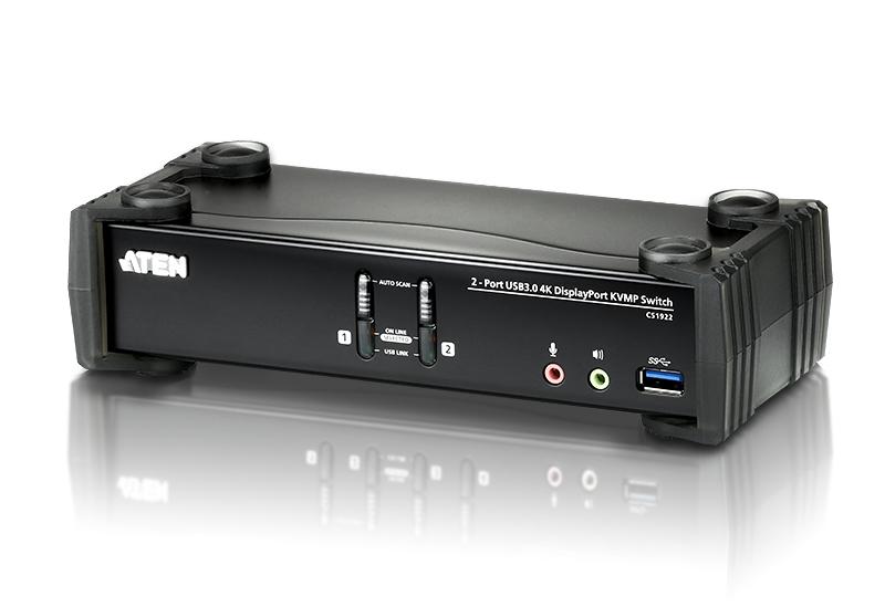 Aten CS1922 2 Port USB 3.0 4K DisplayPort KVMP Switch with two connected computers and peripherals.