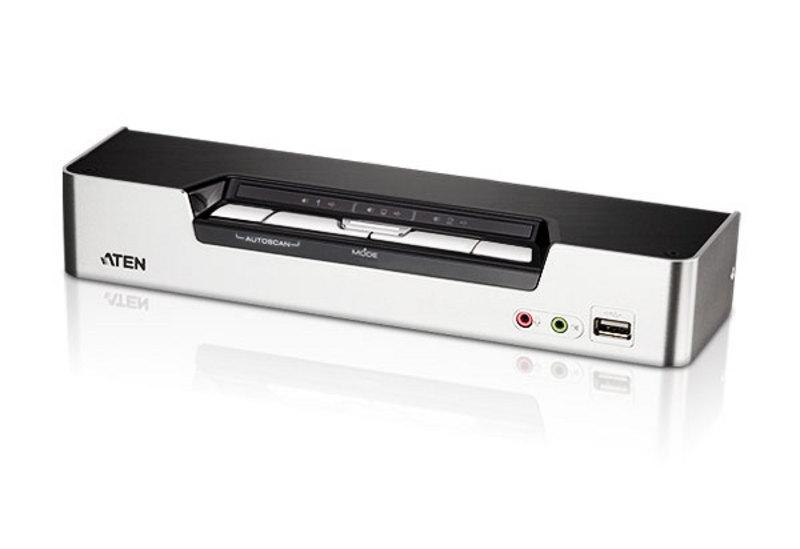 ATEN Desktop KVMP Switch with 4 HDMI ports and USB hub, showcasing sleek design and functionality for multimedia applications.