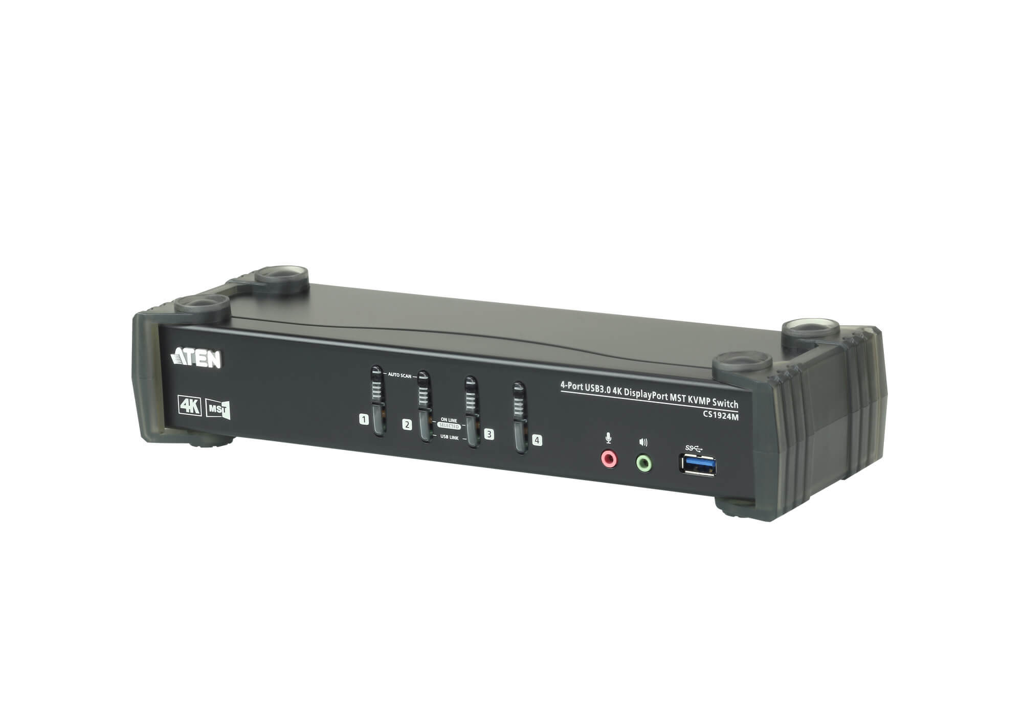 Aten Desktop KVMP Switch with dual display support and USB ports, showcasing its sleek design and connectivity options.