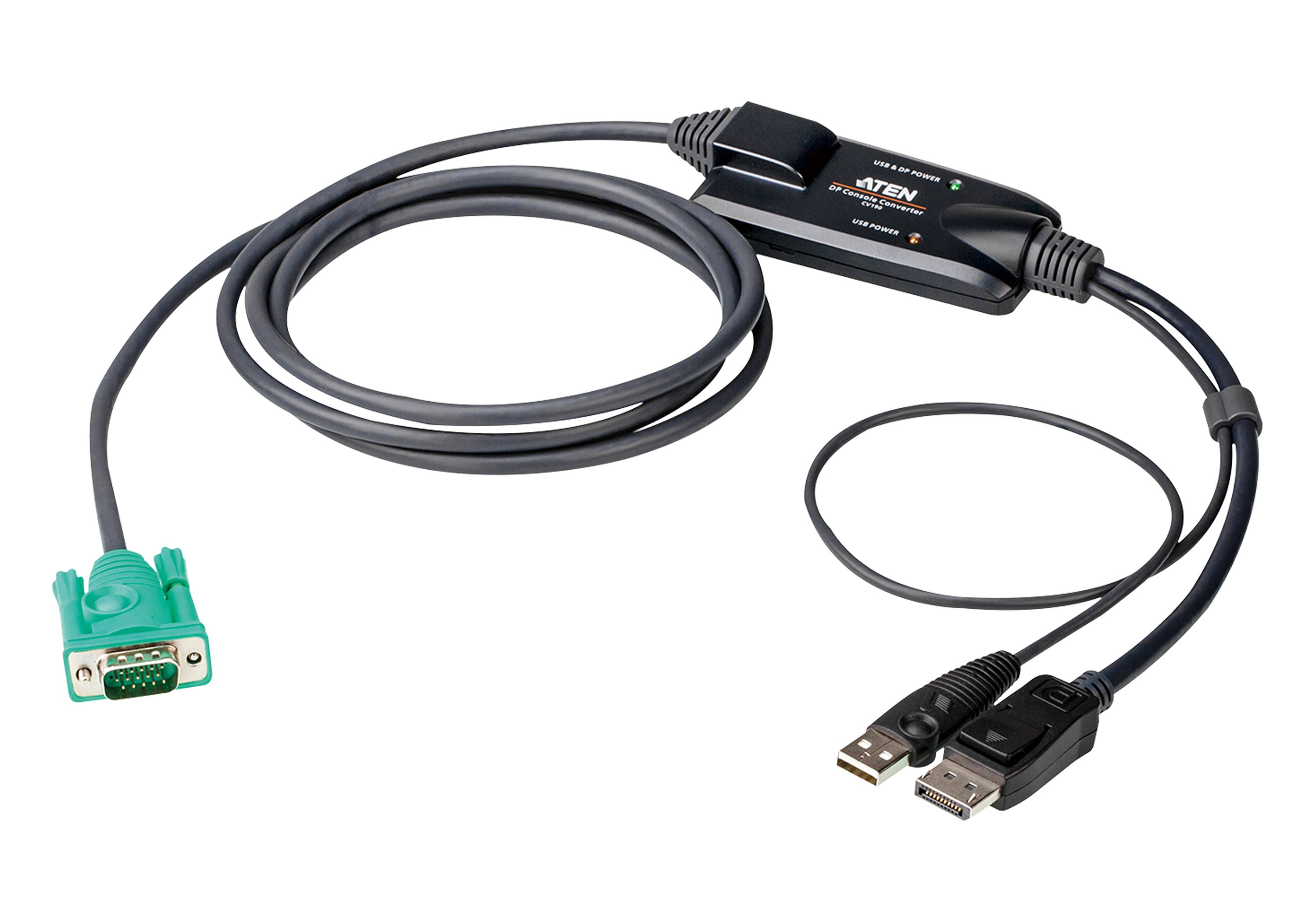 ATEN DisplayPort Console Converter connecting VGA KVM to DisplayPort and USB devices, showcasing its compact design and connectors.