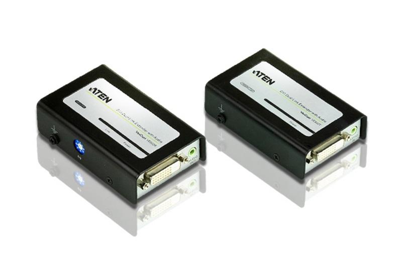 ATEN DVI Dual Link Over 2 Cat 5 Extender with Audio, featuring compact design and connectivity ports for DVI and audio.