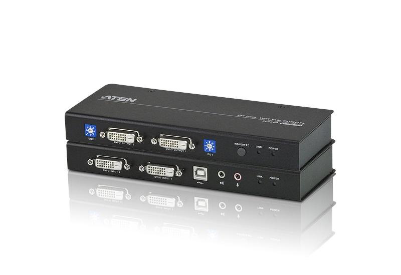 Aten DVI Dual View KVM Extender with Audio, showcasing its ports and connections for video and audio transmission.