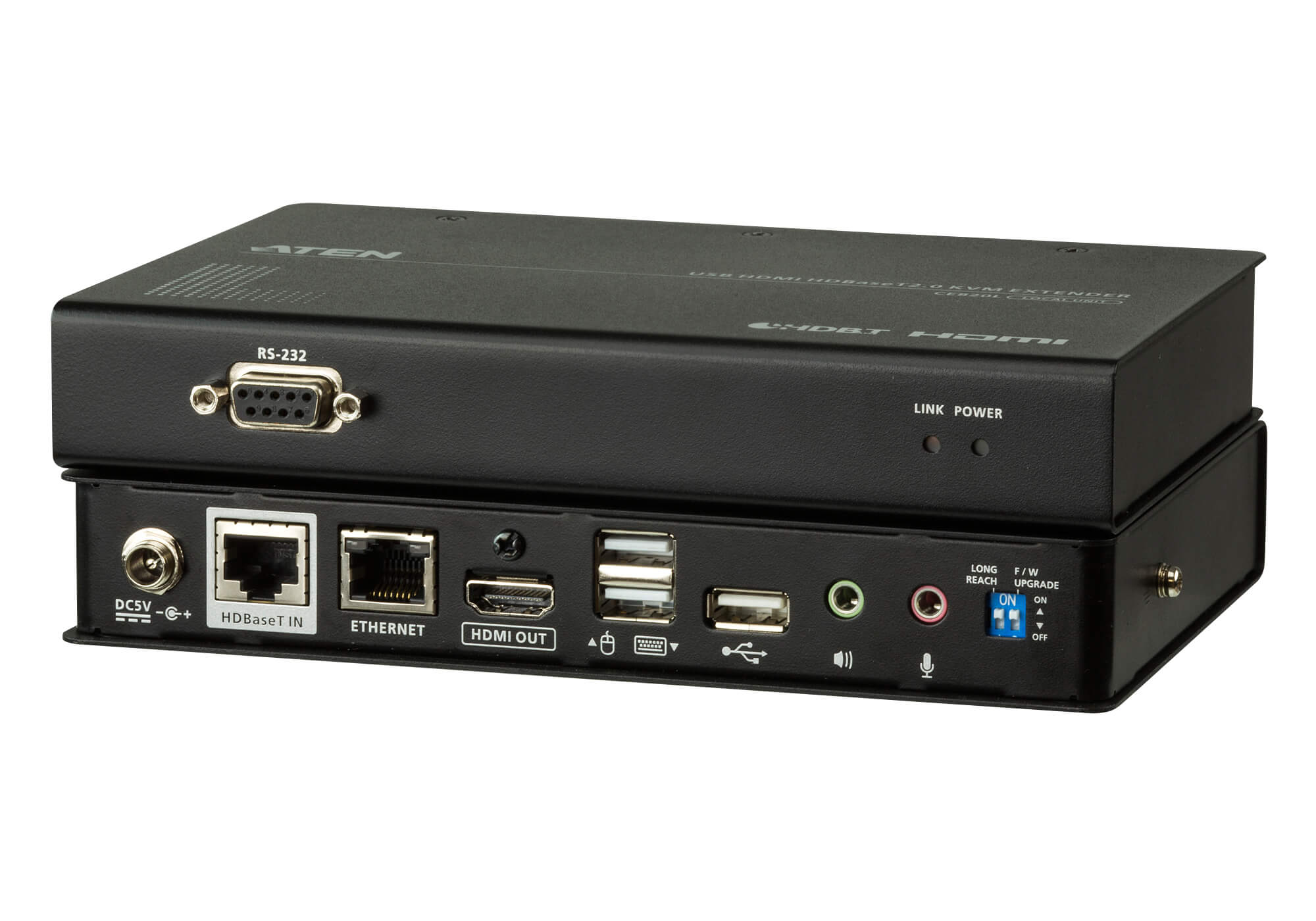 Aten HDBaseT 2.0 HDMI 4K KVM Console Extender with RS232, showcasing its sleek design and connectivity ports.