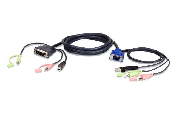 ATEN KVM Cable 1.8m featuring VGA, USB, and Audio connectors on one end and DVI-I (Single Link) connector on the other, ideal for KVM switch setups.