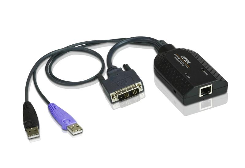 ATEN KVM Cable Adapter with RJ45 to DVI and USB, designed for connecting KVM switches to computers, featuring compact design and superior video quality.