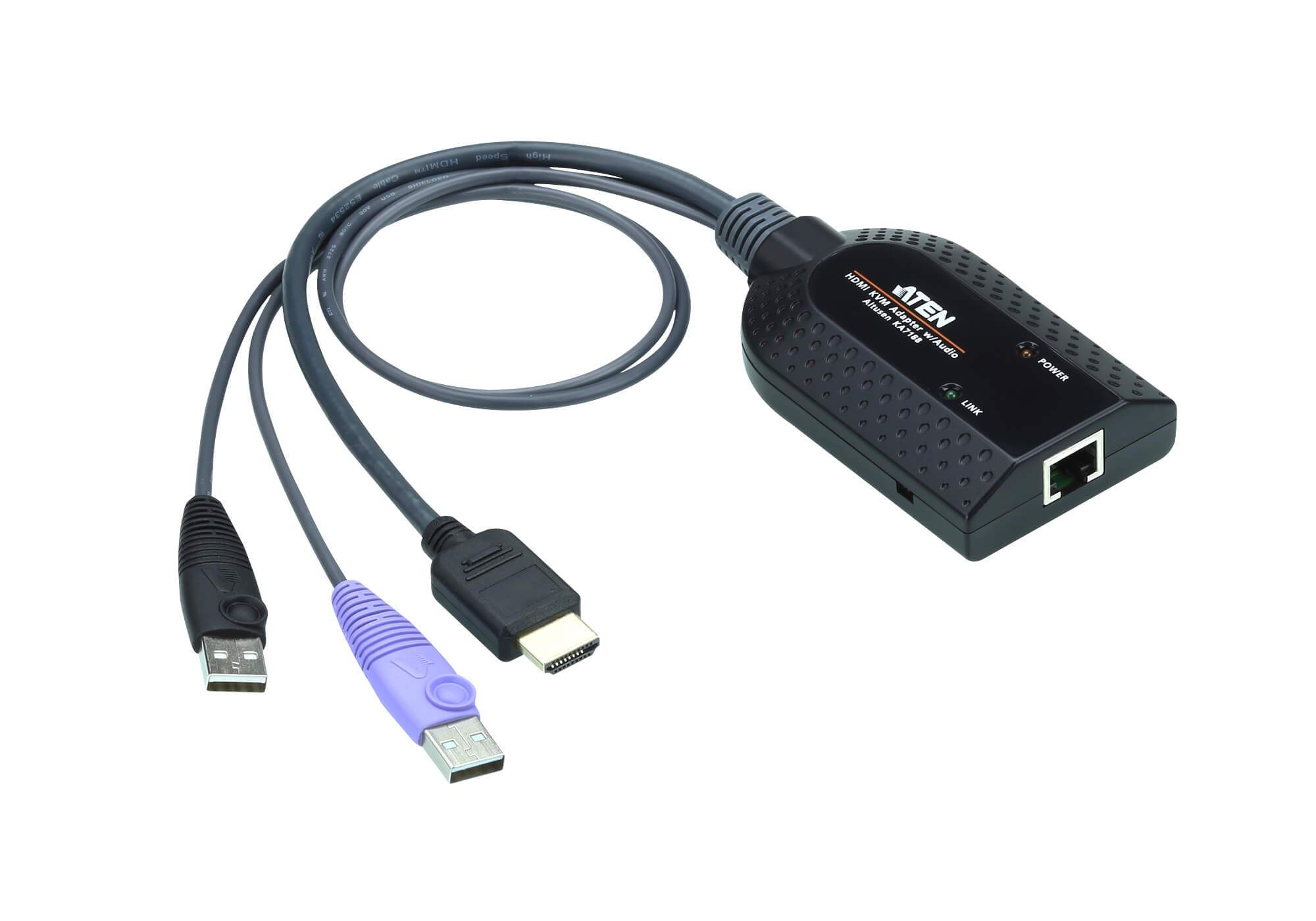 ATEN KVM Cable Adapter featuring RJ45 to HDMI and USB connections, designed for seamless computer integration.