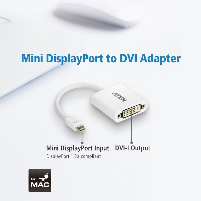 ATEN Mini DisplayPort to DVI-D Adapter showcasing its compact design and connectors.