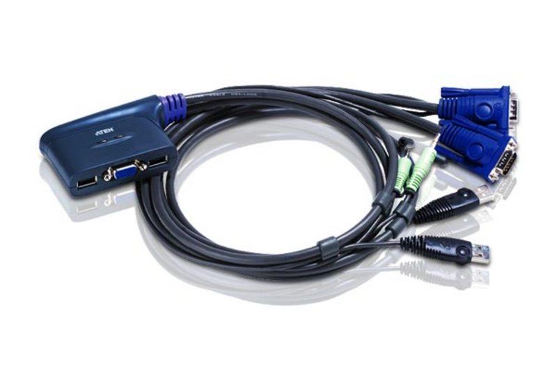 Aten Petite 2 Port USB VGA KVM Switch with Audio, featuring two USB ports and VGA output, compact design with built-in cables.