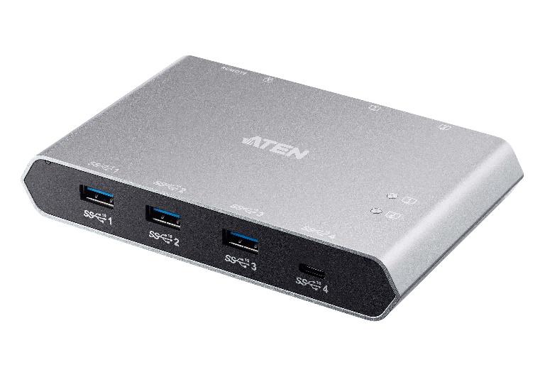 Aten Sharing Switch Gen2 2x4 USB-C device with two laptops and four USB 3.2 ports connected, showcasing its compact design.