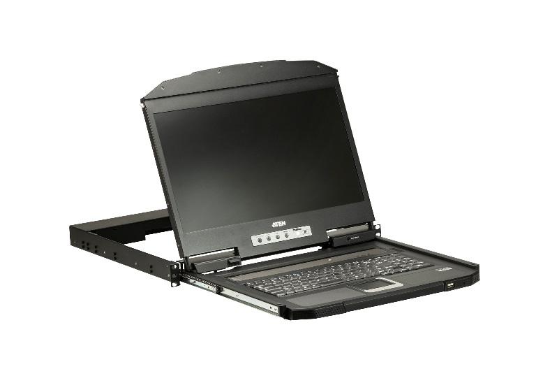 ATEN Ultra Short Depth Single Rail WideScreen Rackmount LCD Console with 18.5-inch display, keyboard, and touchpad.