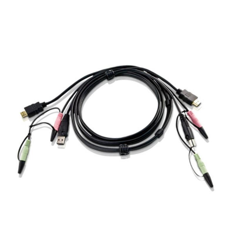 Aten USB HDMI KVM Cable featuring HDMI, USB, and audio connectors, 1.8m length, ideal for connecting multiple devices.