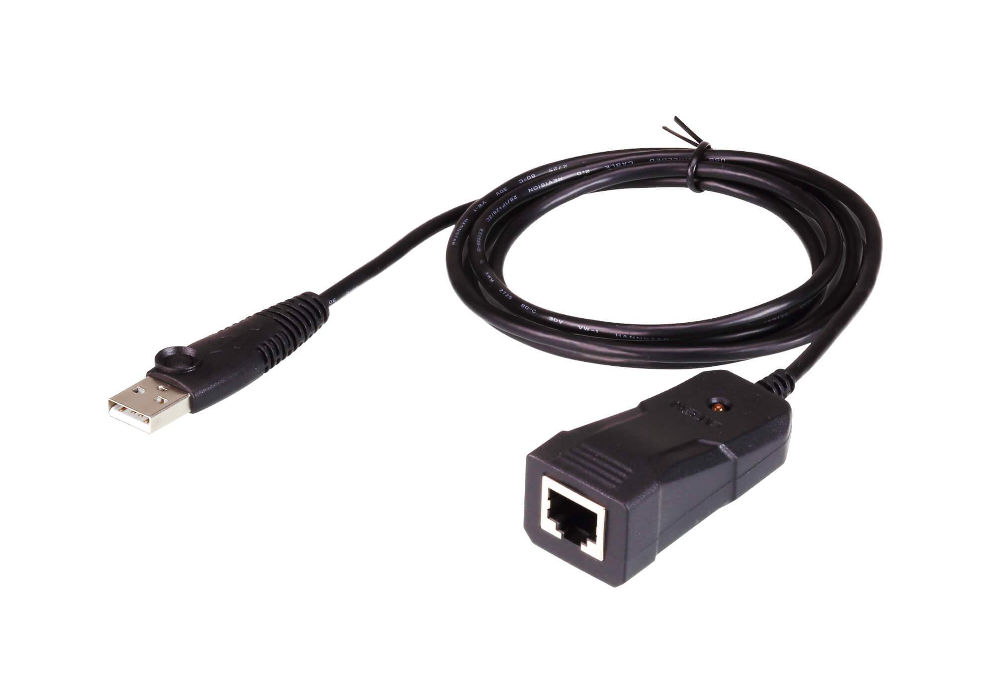 ATEN USB to RJ-45 Serial converter with USB Type A Male and RJ-45 Female connectors, compact design for easy connectivity.