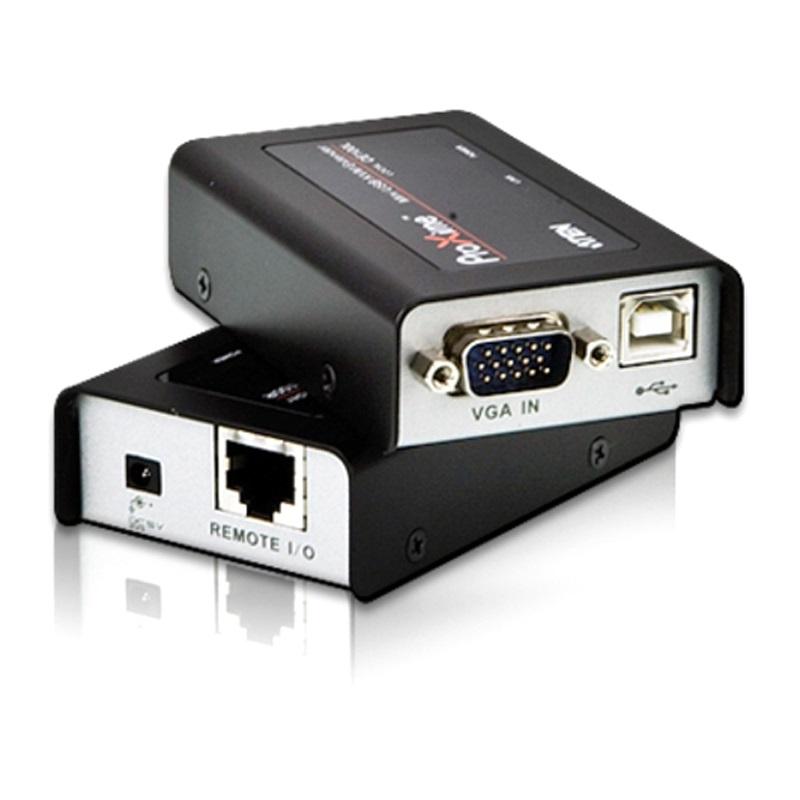 ATEN USB VGA KVM Console Extender CE-100 with Cat 5e cable connection, showcasing its compact design and ports for USB keyboard, mouse, and monitor.