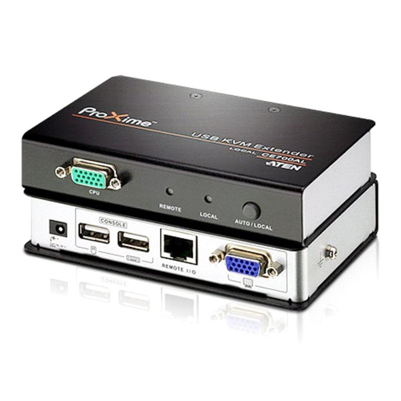 Aten USB VGA KVM Console Extender CE-700A with Cat 5e cable connection, showcasing its compact design and advanced features.