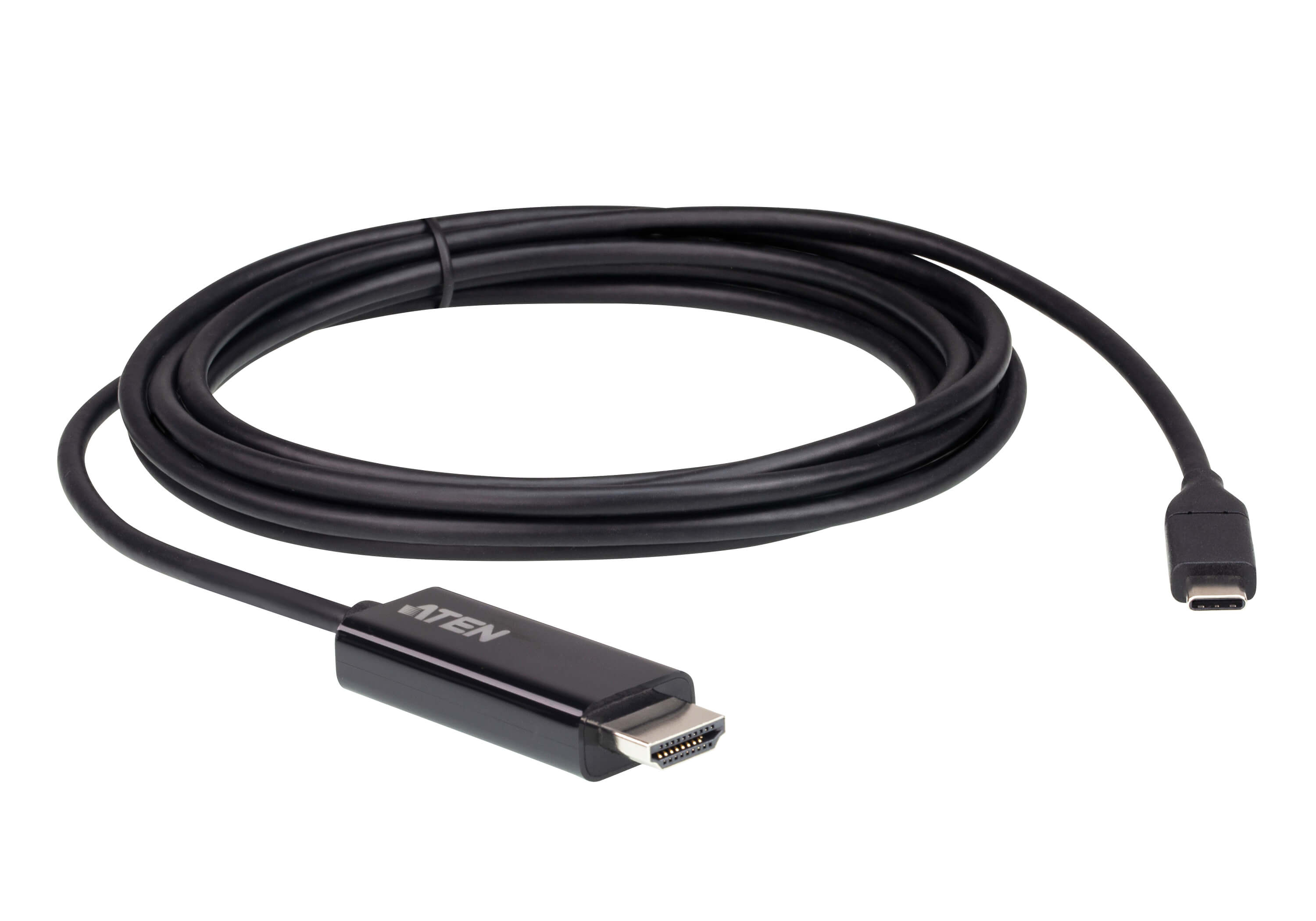 Aten USB-C to HDMI 4K 2.7m Cable showcasing its connectors and length, ideal for high-definition connections.