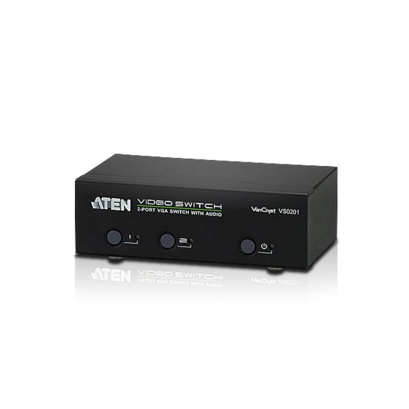 ATEN VanCryst 2 Port VGA Video Switch with Audio and RS232 Control, featuring two VGA input ports and RS232 control interface.