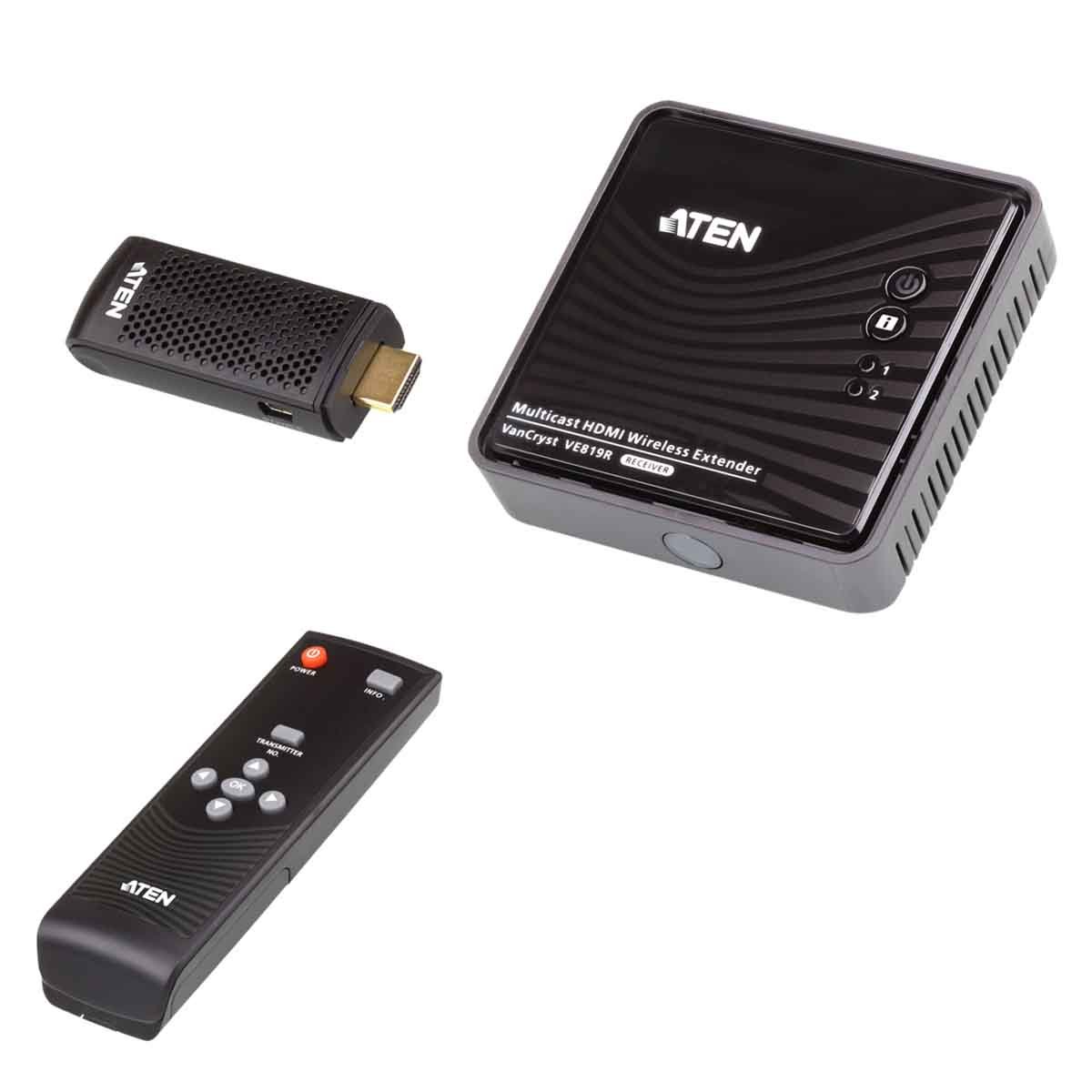ATEN VanCryst Wireless HDMI Extender VE819 with HDMI ports and sleek design, ideal for wireless video transmission.