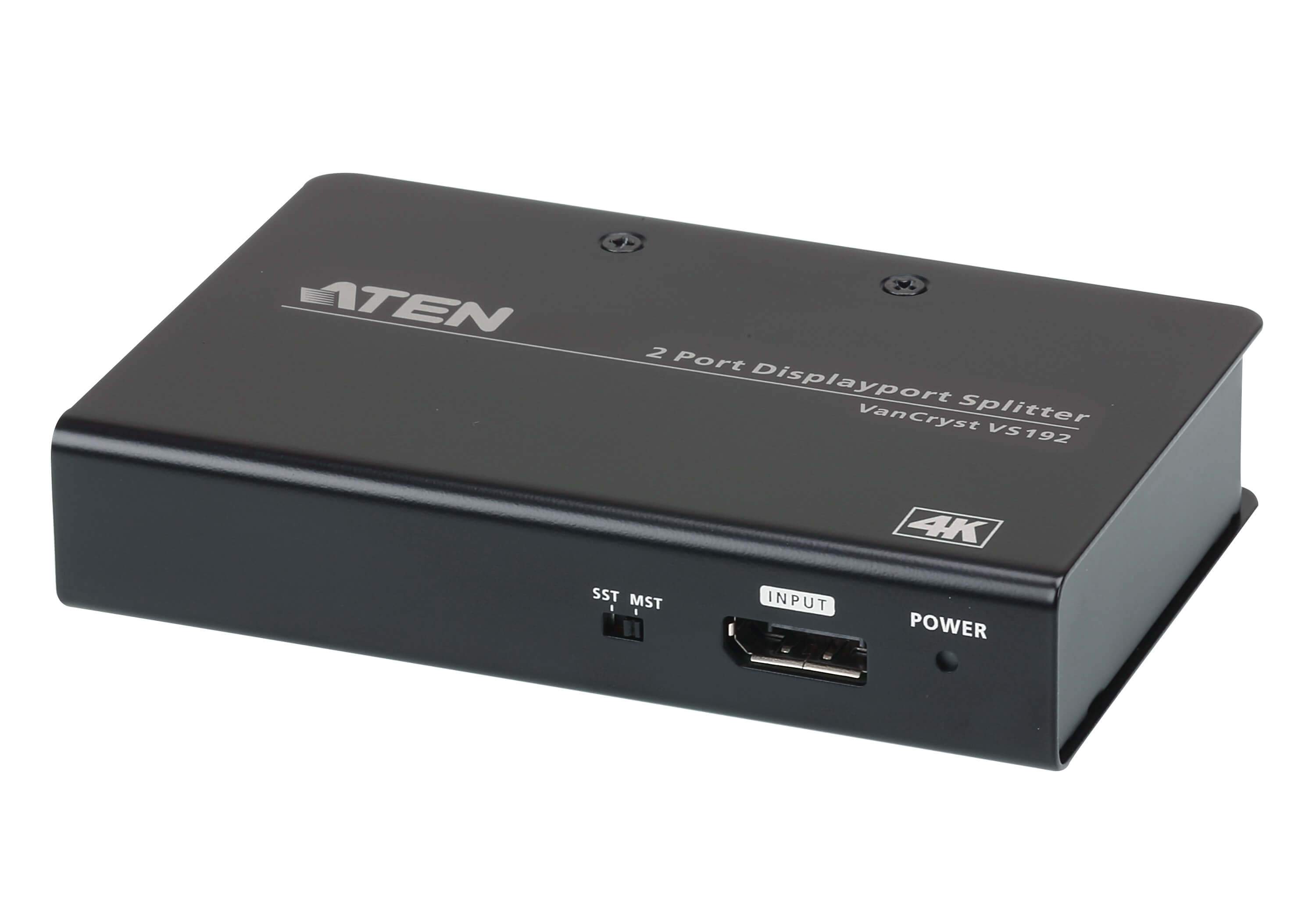 ATEN Video Splitter 2 Port DisplayPort with two connected monitors displaying high-resolution video.