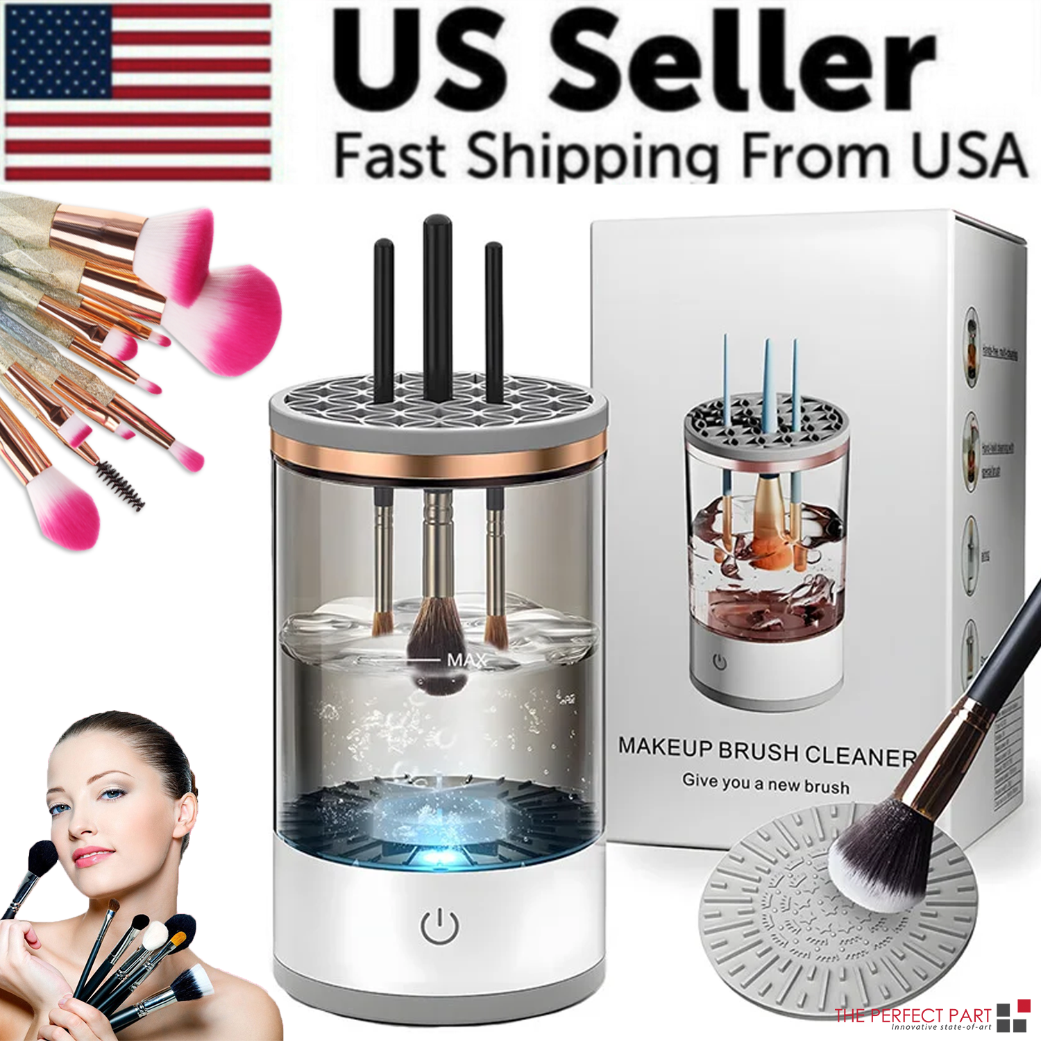 Automatic Brush Cleaner Electric Makeup Brush Cleaning Machine in white and rose gold, designed for fast and effective cleaning of makeup brushes.