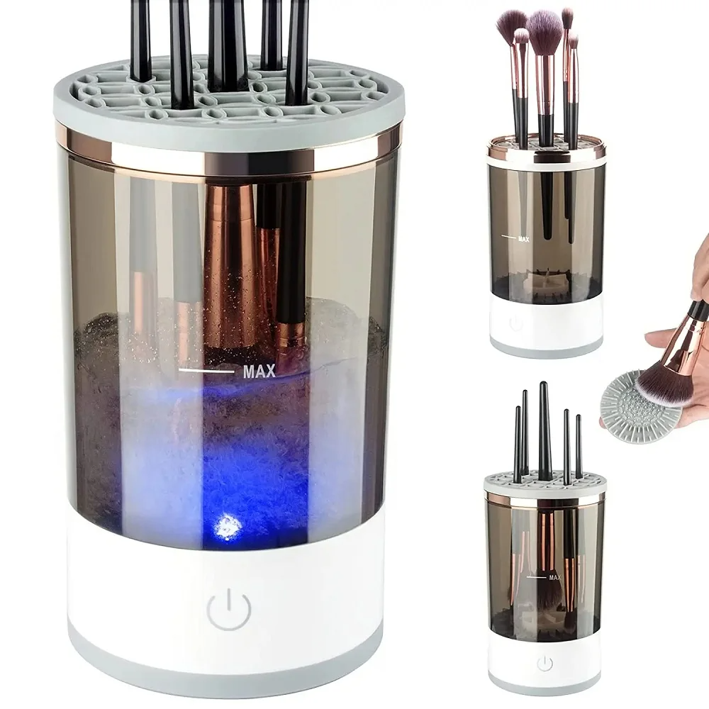 Automatic Brush Cleaner Electric Makeup Brush Cleaning Machine in white and rose gold, designed for fast and effective cleaning of makeup brushes.