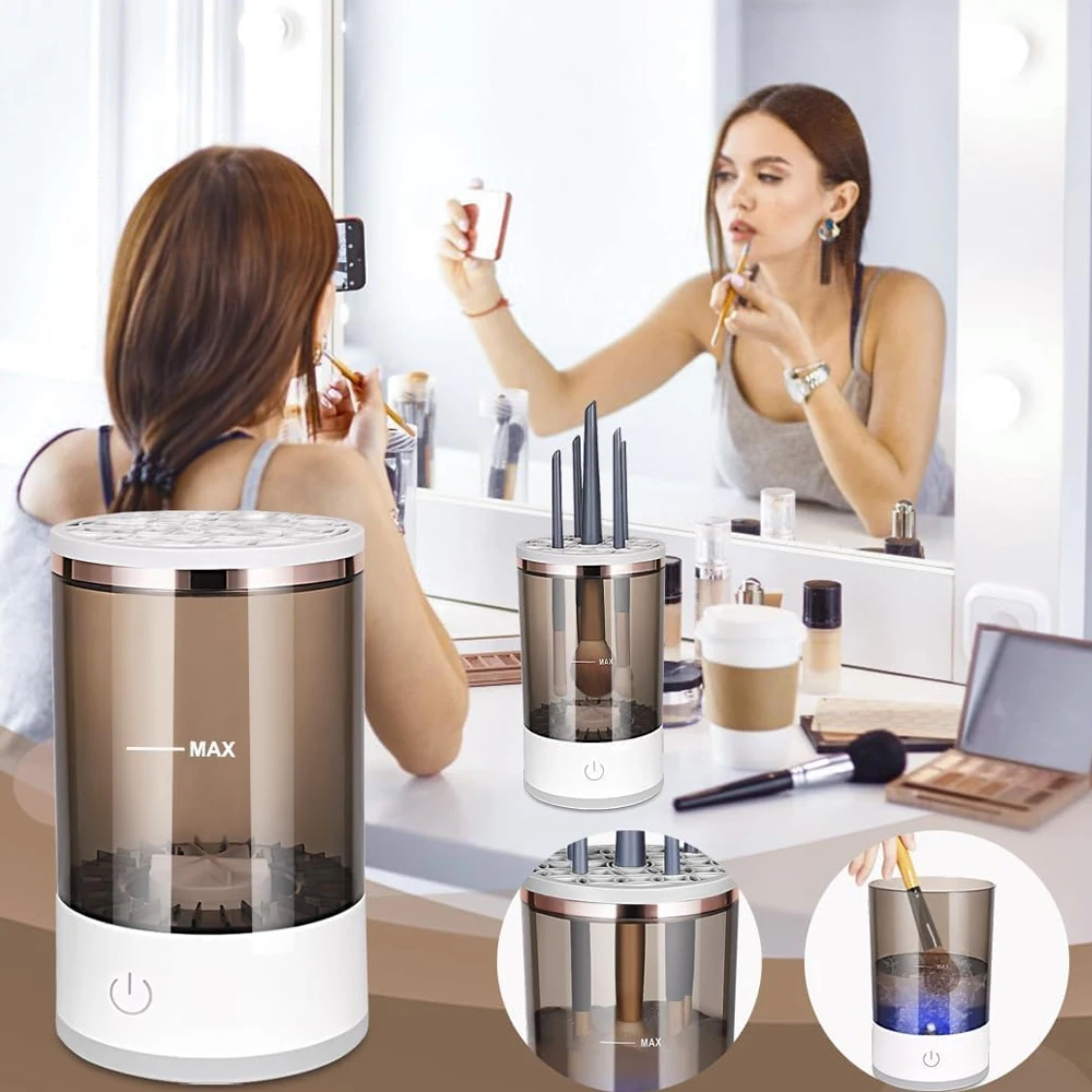 Automatic Brush Cleaner Electric Makeup Brush Cleaning Machine in white and rose gold, designed for fast and effective cleaning of makeup brushes.
