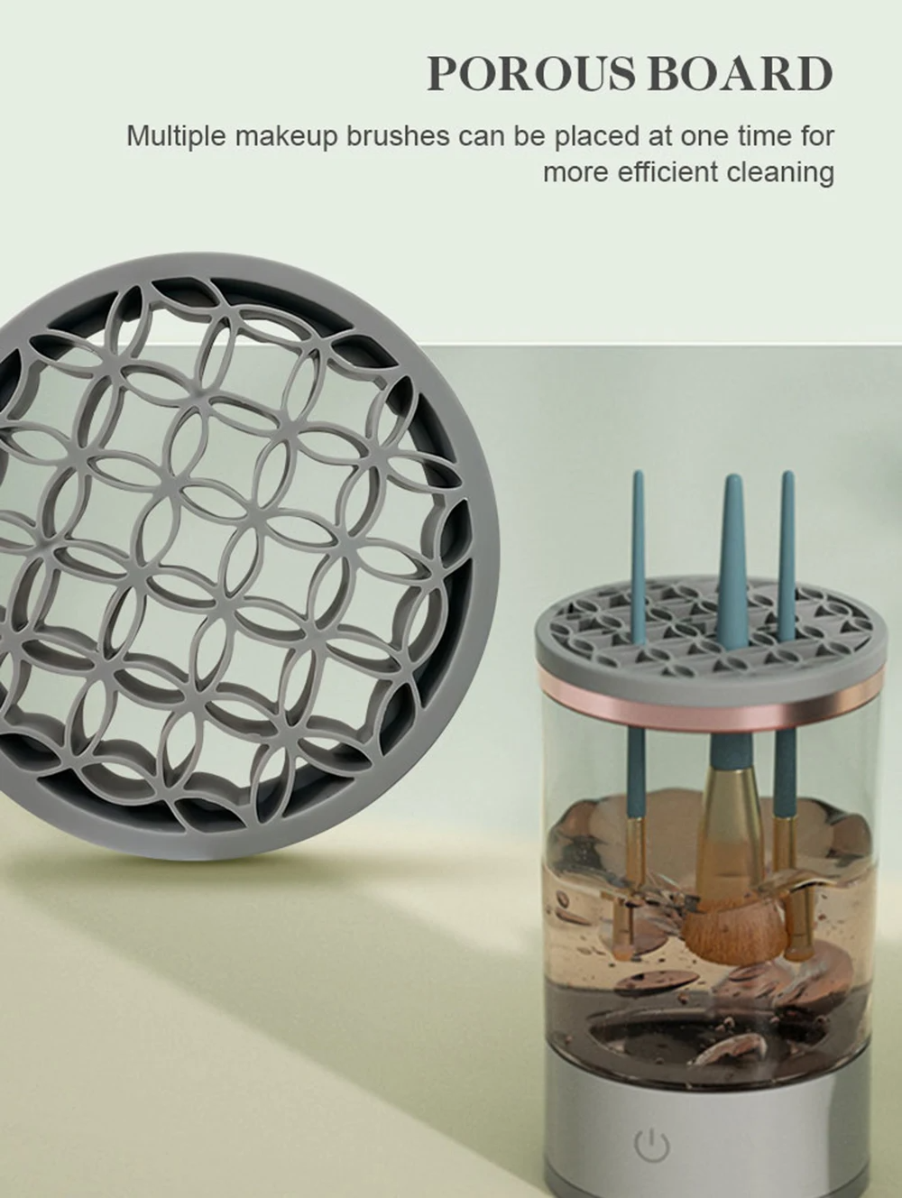 Automatic Brush Cleaner Electric Makeup Brush Cleaning Machine in white and rose gold, designed for fast and effective cleaning of makeup brushes.