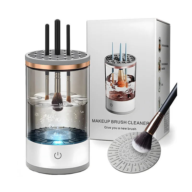 Automatic Brush Cleaner Electric Makeup Brush Cleaning Machine in white and rose gold, designed for fast and effective cleaning of makeup brushes.