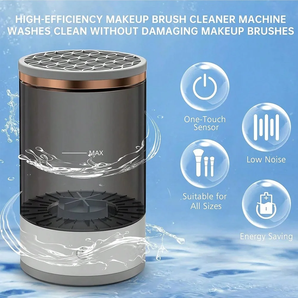Automatic Brush Cleaner Electric Makeup Brush Cleaning Machine in white and rose gold, designed for fast and effective cleaning of makeup brushes.