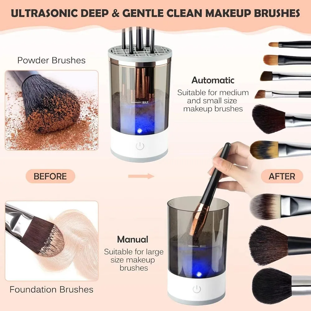 Automatic Brush Cleaner Electric Makeup Brush Cleaning Machine in white and rose gold, designed for fast and effective cleaning of makeup brushes.