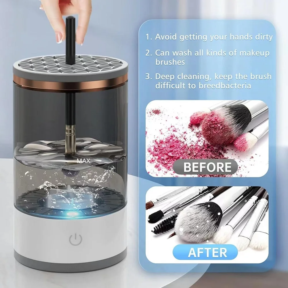 Automatic Brush Cleaner Electric Makeup Brush Cleaning Machine in white and rose gold, designed for fast and effective cleaning of makeup brushes.