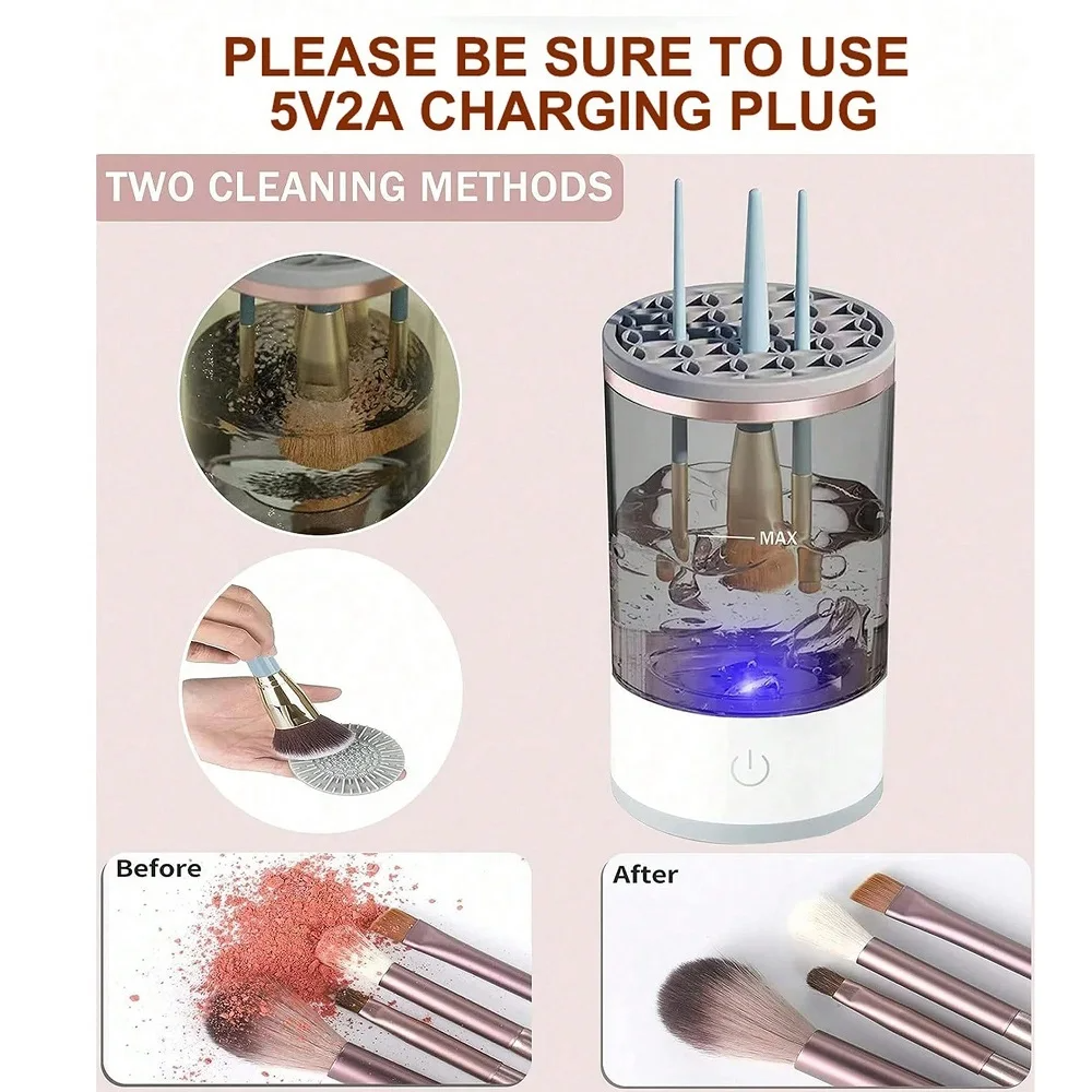 Automatic Brush Cleaner Electric Makeup Brush Cleaning Machine in white and rose gold, designed for fast and effective cleaning of makeup brushes.