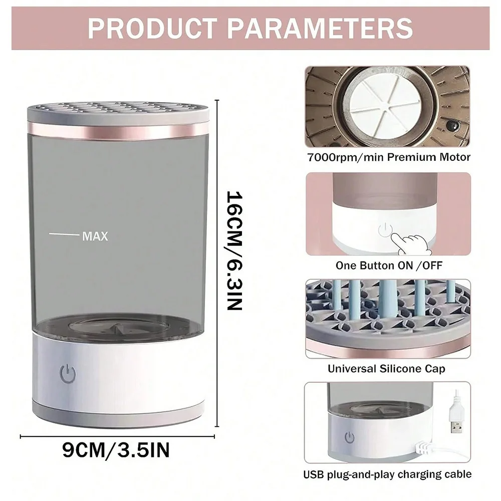 Automatic Brush Cleaner Electric Makeup Brush Cleaning Machine in white and rose gold, designed for fast and effective cleaning of makeup brushes.