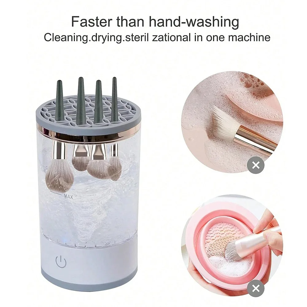 Automatic Brush Cleaner Electric Makeup Brush Cleaning Machine in white and rose gold, designed for fast and effective cleaning of makeup brushes.