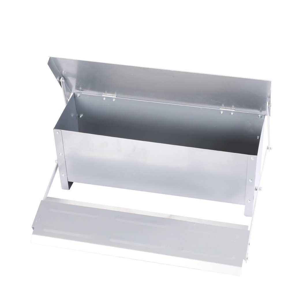 Automatic Chicken Feeder made of galvanized steel, designed for easy access by chickens, featuring a large capacity and rust-proof coating.