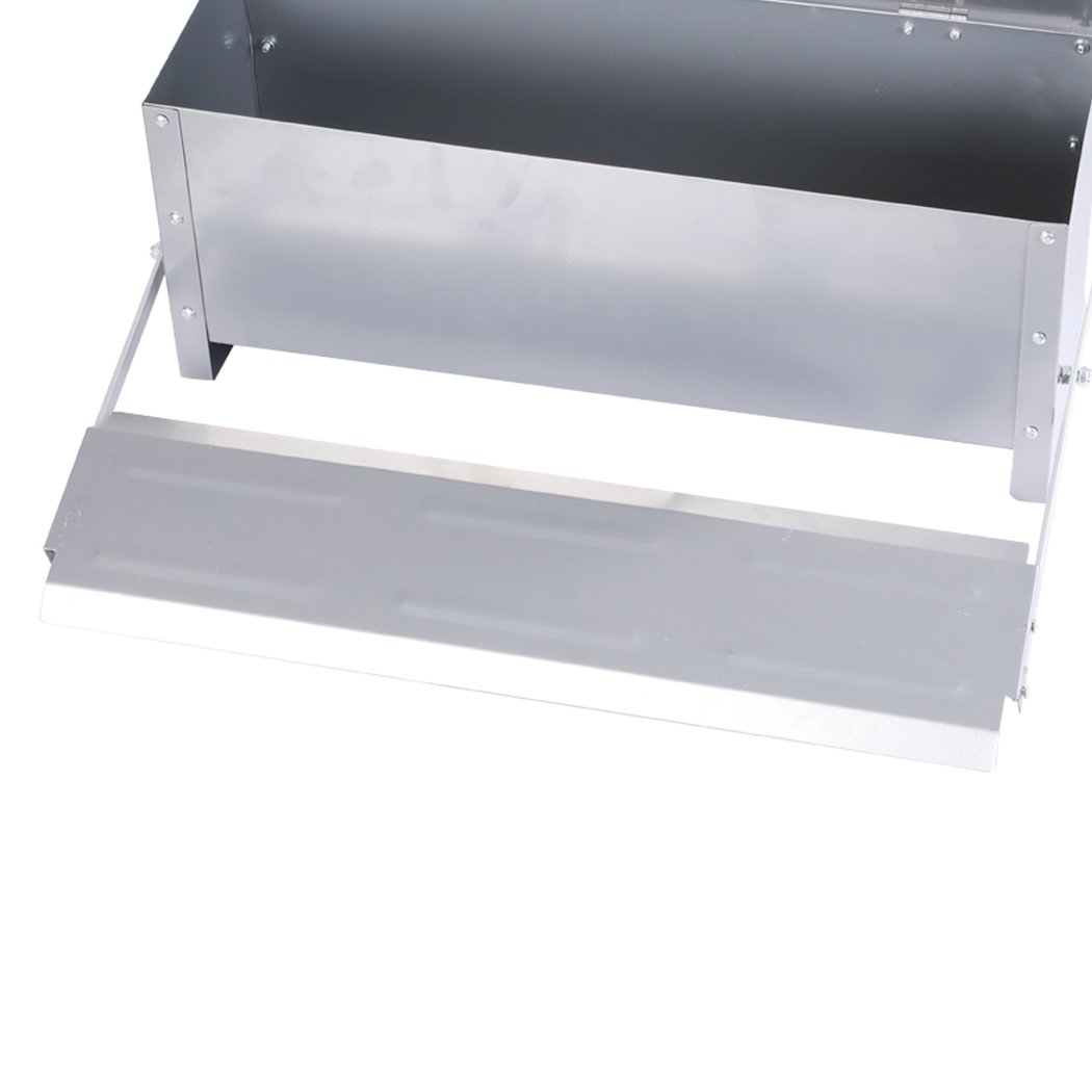 Automatic Chicken Feeder made of galvanized steel, designed for easy access by chickens, featuring a large capacity and rust-proof coating.