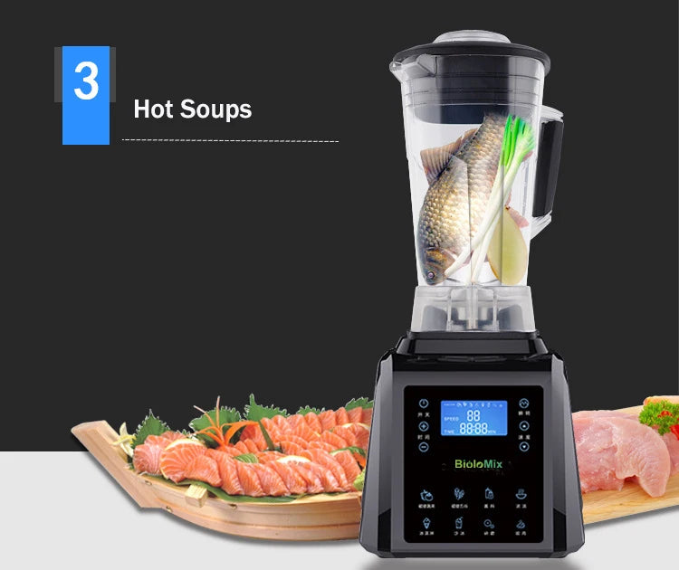 Automatic Digital Touchscreen 3HP Professional Blender with a 2L BPA-free container and touchscreen controls, showcasing its sleek design and stainless steel blades.