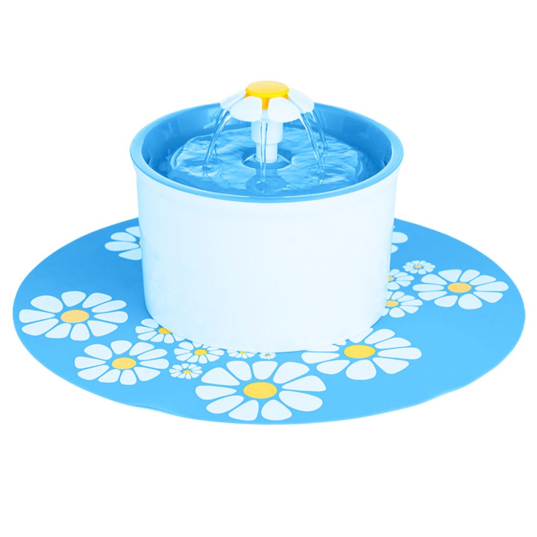 Automatic Electric Pet Water Fountain for dogs and cats, featuring a flower design and dual-action filter, in white and blue colors.