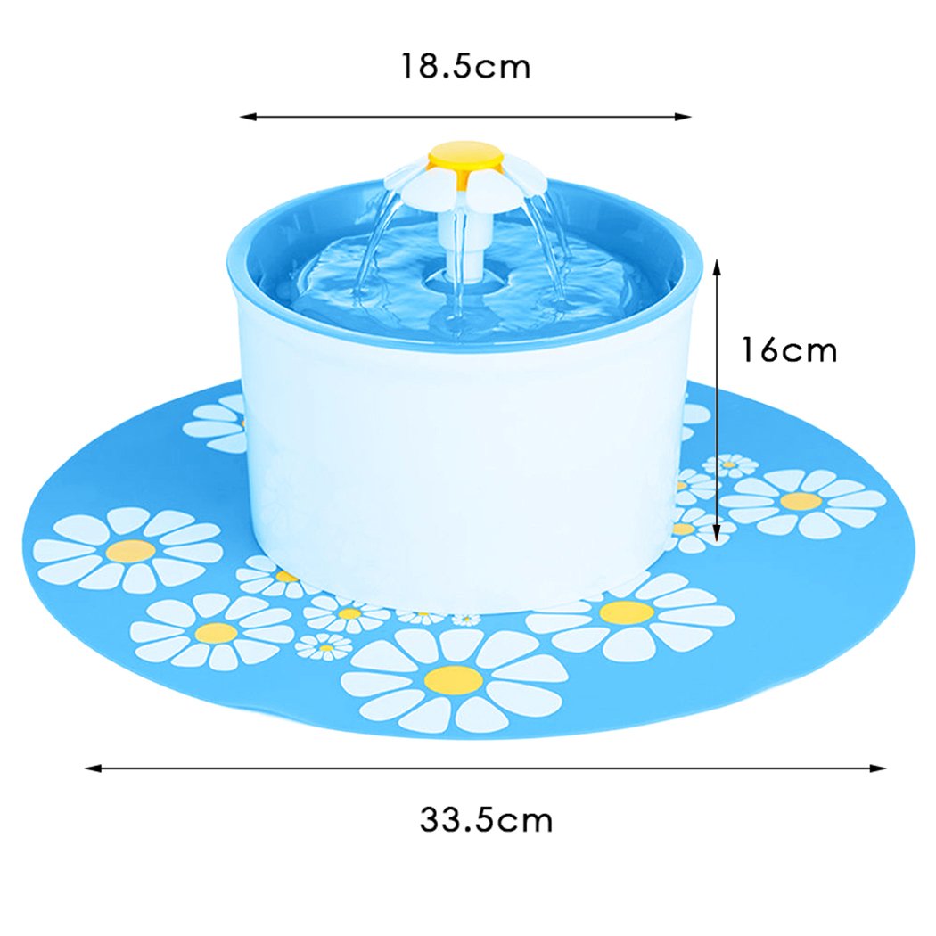 Automatic Electric Pet Water Fountain for dogs and cats, featuring a flower design and dual-action filter, in white and blue colors.