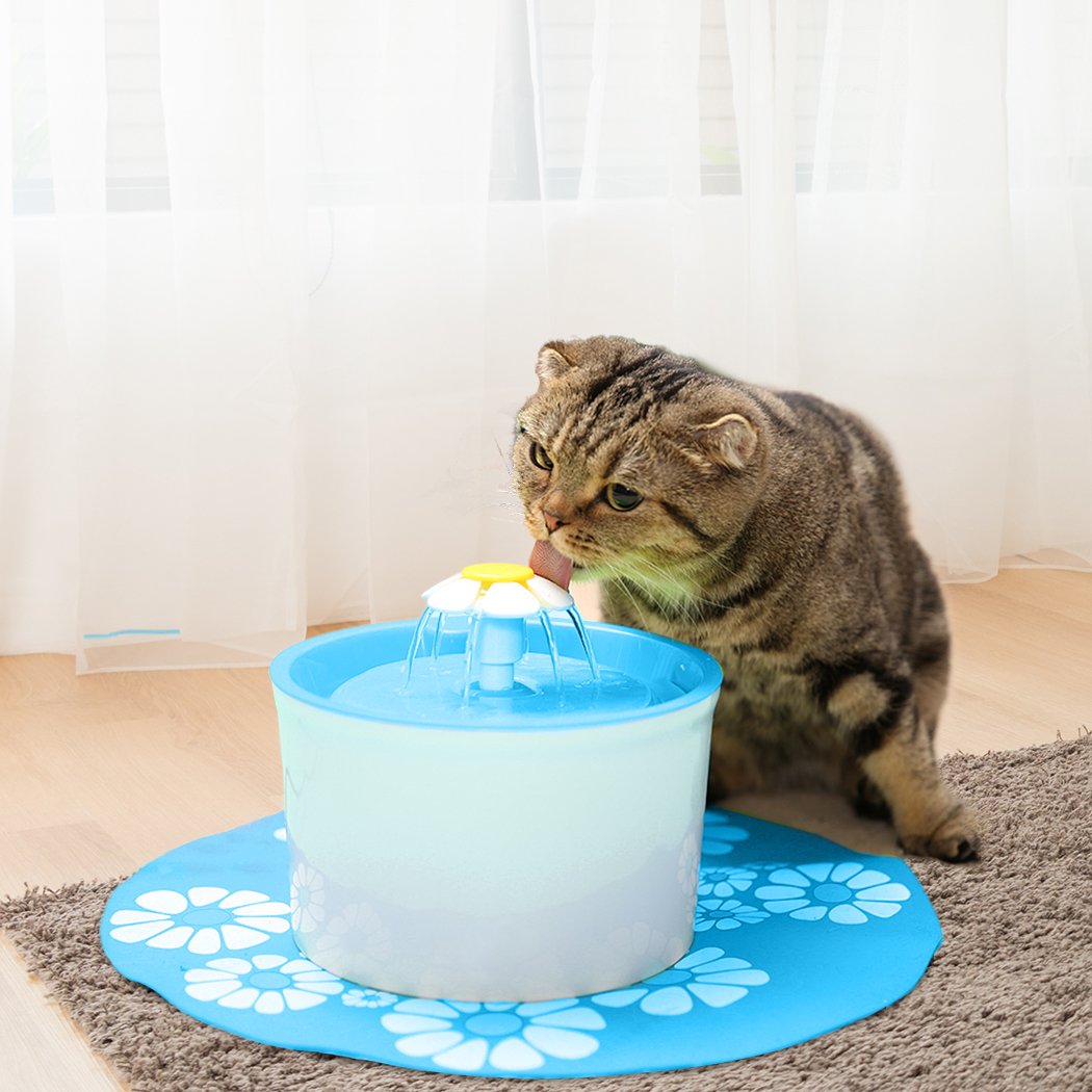 Automatic Electric Pet Water Fountain for dogs and cats, featuring a flower design and dual-action filter, in white and blue colors.