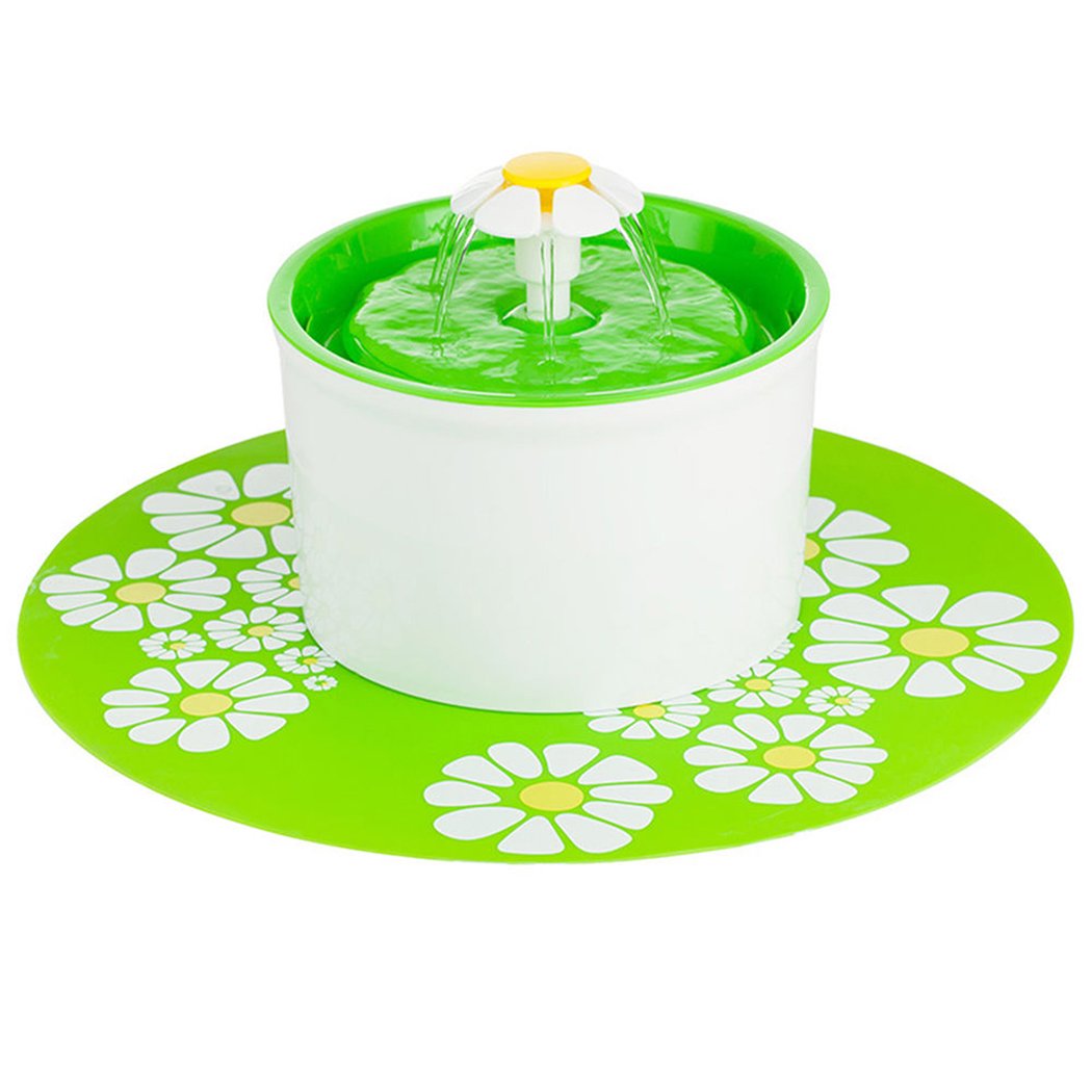 Automatic Electric Pet Water Fountain in white and green, featuring a flower design and a water flow for pets.