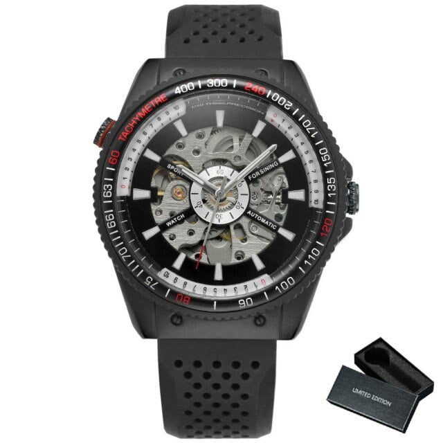 Automatic Mechanical Watch for Men featuring a skeleton design and silicone strap, showcasing a stylish and sporty look.