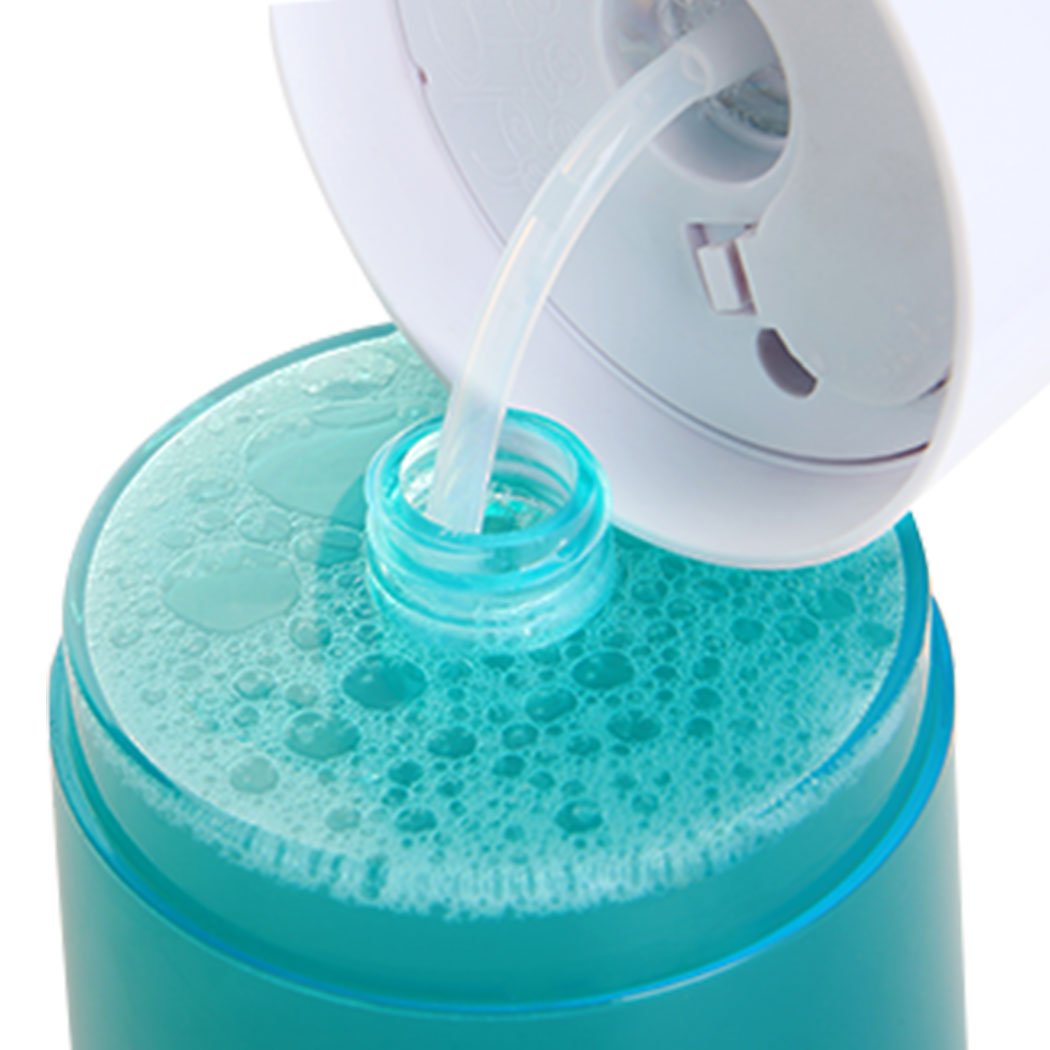 Automatic Soap Foam Dispenser in white and green, showcasing touchless operation and low battery alert features.