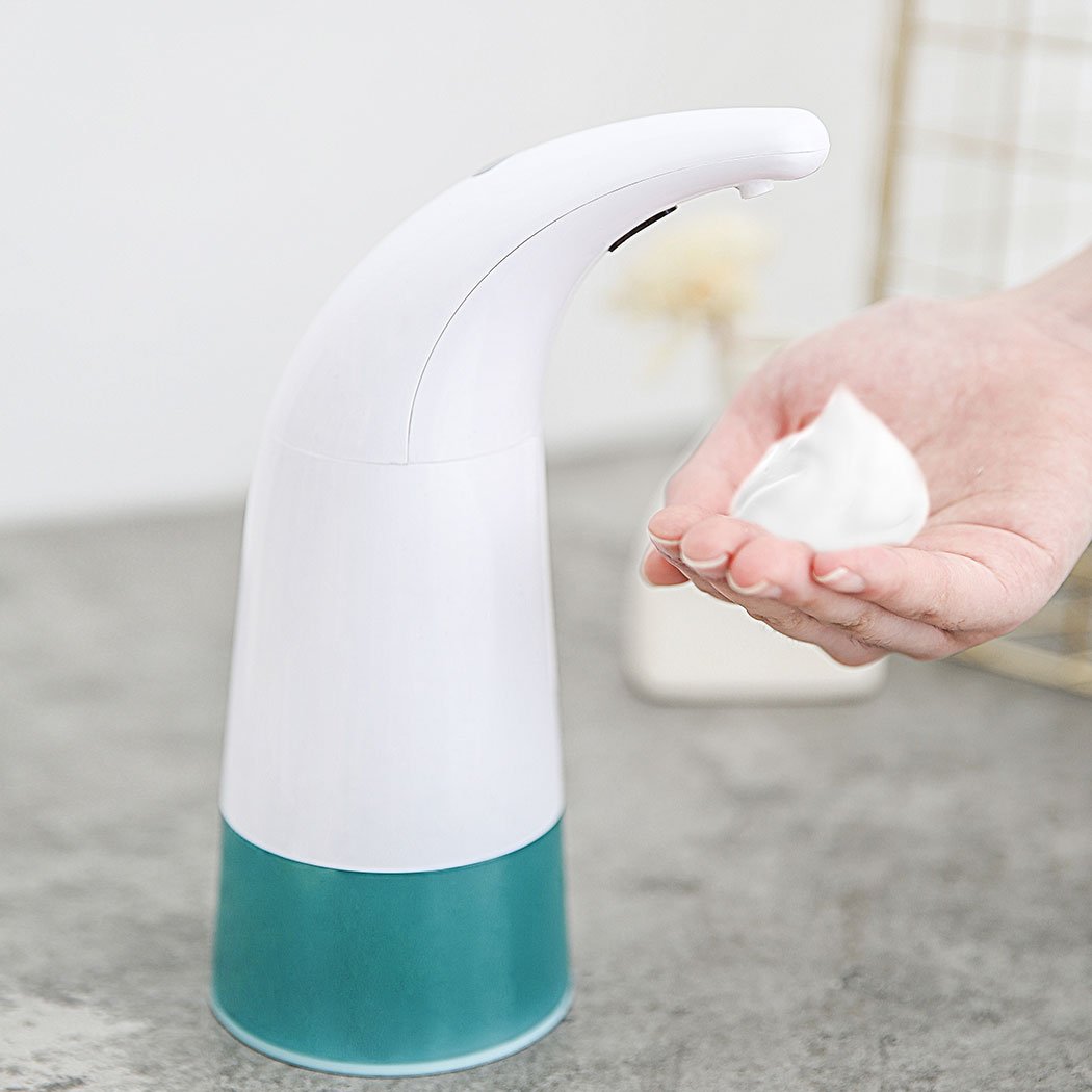 Automatic Soap Foam Dispenser in white and green, showcasing touchless operation and low battery alert features.