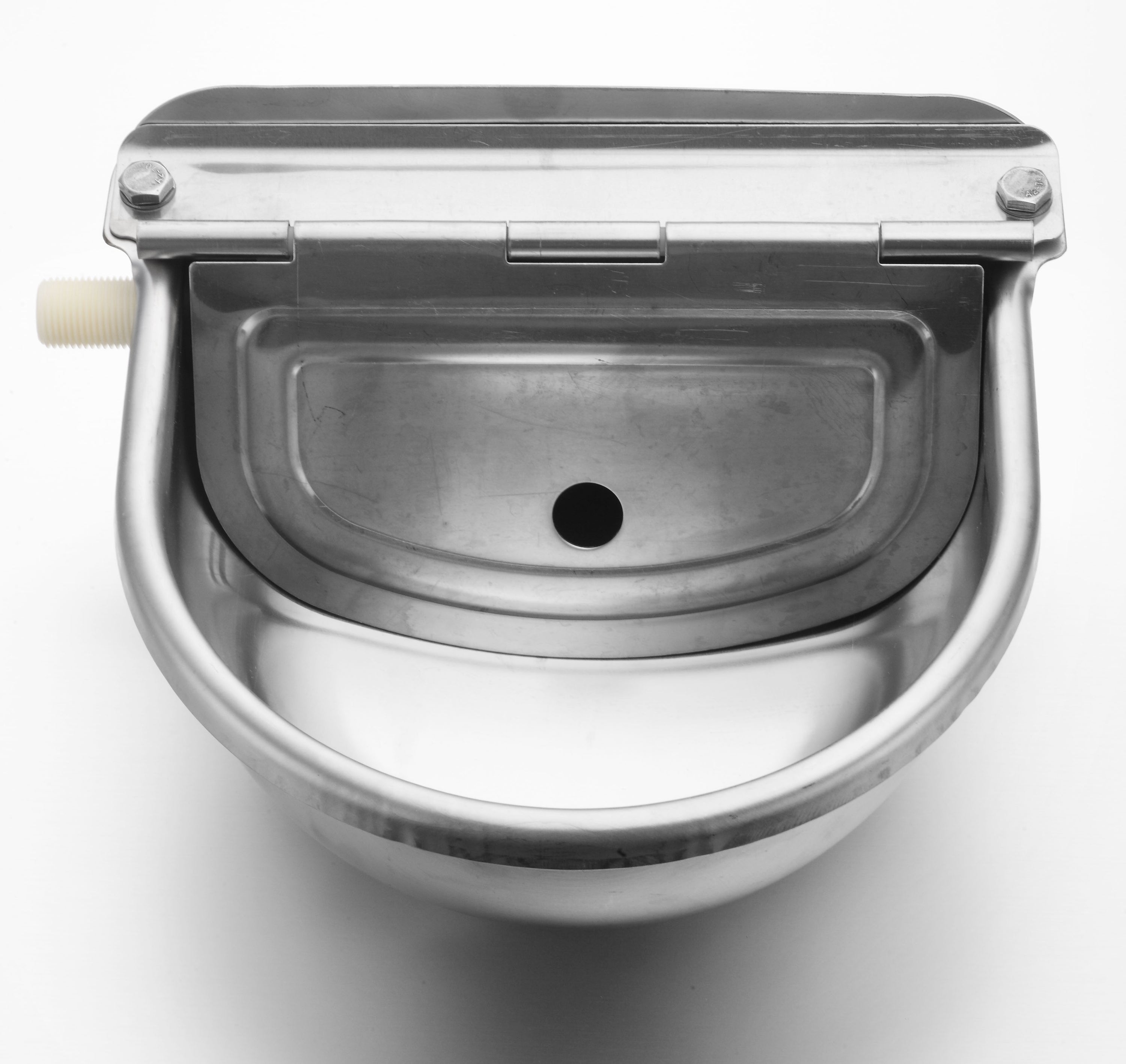 Automatic Water Bowl made of stainless steel with a float mechanism, designed for easy access and maintenance for pets.