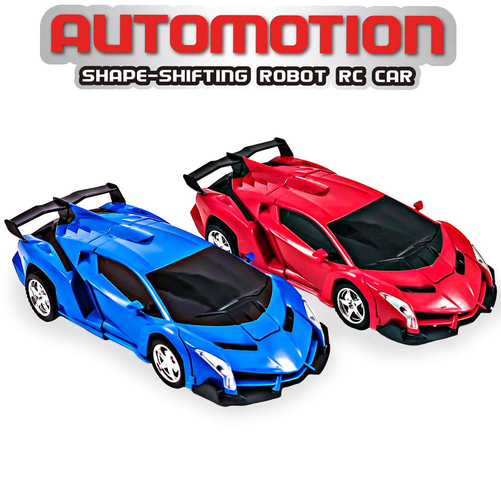 Automotion Shape-Shifting Robot R/C Car in red and blue, showcasing its dual functionality as a car and robot.