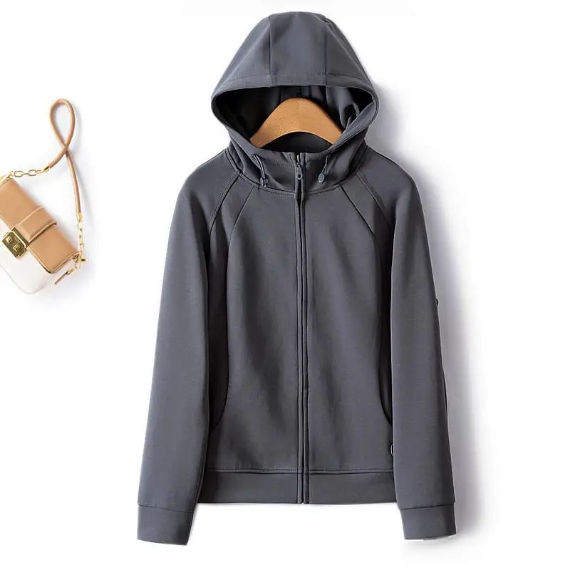 Autumn Simple Three Dimensional Cutting Zipper Cardigan showcasing its stylish design and full sleeves, made from a soft cotton-polyester blend.