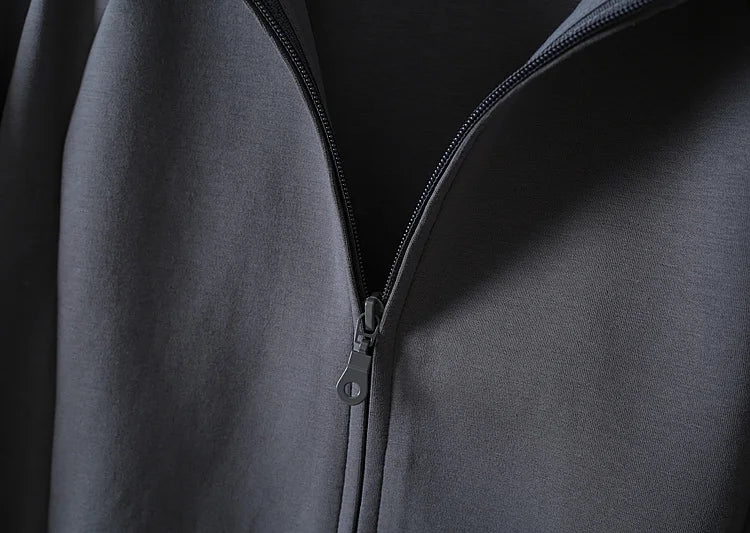 Autumn Simple Three Dimensional Cutting Zipper Cardigan showcasing its stylish design and full sleeves, made from a soft cotton-polyester blend.